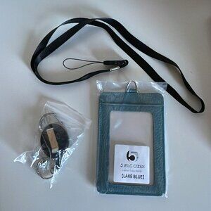 *♪ Brand new Lake Blue Leather card holder lanyard, ID, badge holder *♪
